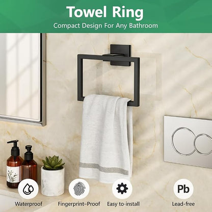 Matte Black 5-Piece SUS304 Stainless Steel Bathroom Hardware Set | Includes two 23.8-inch towel bars, one toilet paper holder, one towel ring and one robe hook for coordinated wall storage.