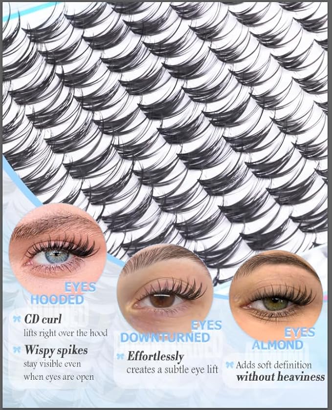 Wispy Lash Clusters Natural Eyelash Clusters 8-16mm Cluster Eyelash Extensions CD Curl Individual Wispy Lashes Clusters with Wet Spikes Clear Band Lash Extensions for Natural Look