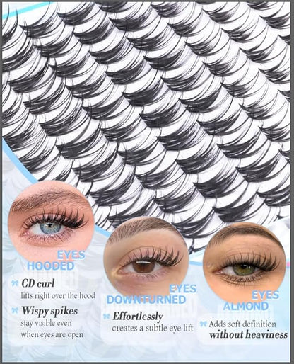 Wispy Lash Clusters Natural Eyelash Clusters 8-16mm Cluster Eyelash Extensions CD Curl Individual Wispy Lashes Clusters with Wet Spikes Clear Band Lash Extensions for Natural Look