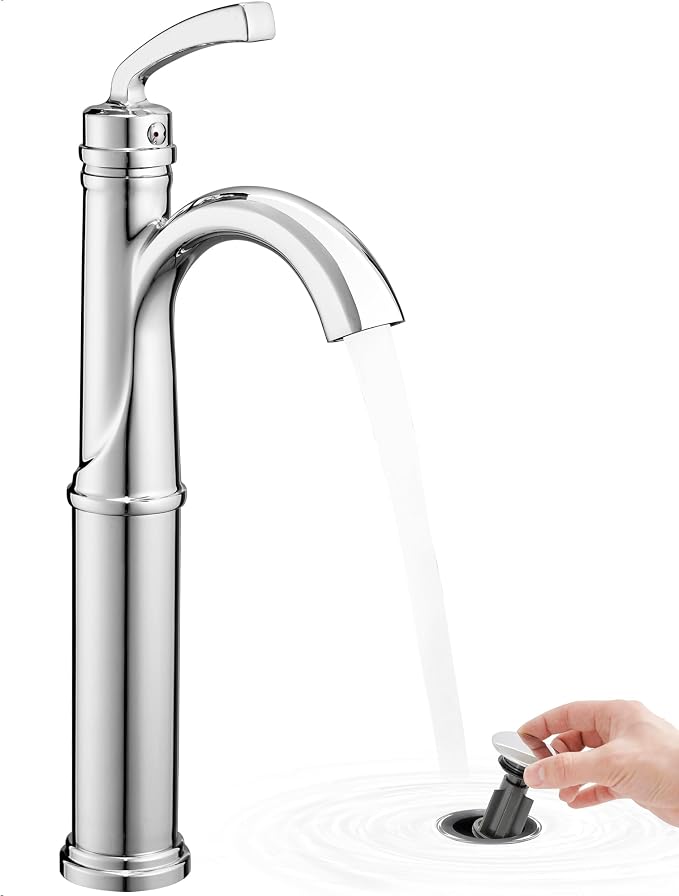 Brass Vessel Faucet 1 Hole, Chrome Tall Bathroom Faucets for Vessel Sinks with 1 Handle, Pop Up Drain, cUPC Water Supply Line & Arched Spout Aerator for Countertop Sink, 5 Mins Quick Install