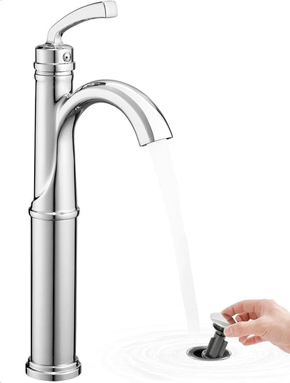 Brass Vessel Faucet 1 Hole, Chrome Tall Bathroom Faucets for Vessel Sinks with 1 Handle, Pop Up Drain, cUPC Water Supply Line & Arched Spout Aerator for Countertop Sink, 5 Mins Quick Install