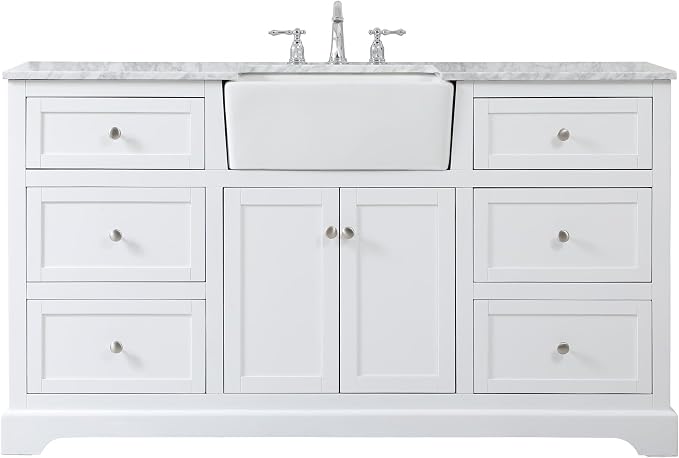 60" Pre-Assembled Bathroom Vanity with Sink, Solid Birch and MDF, Carrara White Marble Countertop Attached, Single Rectangle Porcelain Sink, 6 Soft-Close Drawers, White