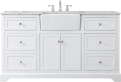60" Pre-Assembled Bathroom Vanity with Sink, Solid Birch and MDF, Carrara White Marble Countertop Attached, Single Rectangle Porcelain Sink, 6 Soft-Close Drawers, White