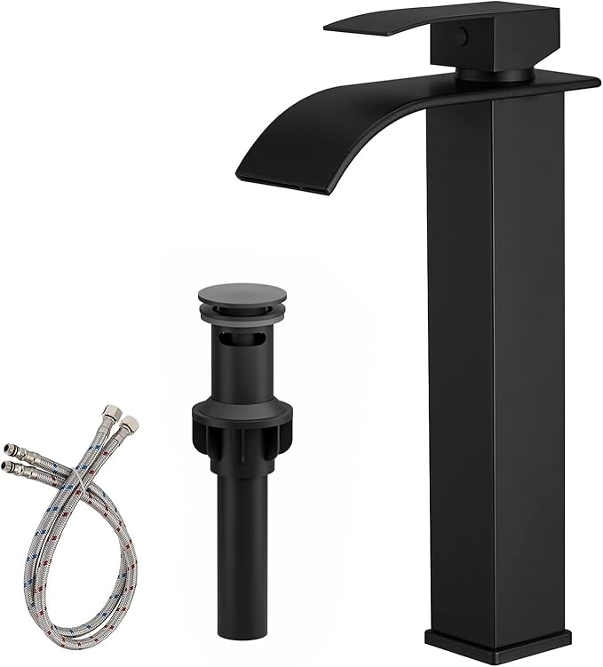 BWE Black Vessel Sink Faucet Single Handle Single Hole Stainless Steel Bathroom Faucet with Waterfall Spout Sink Faucet Lavatory Vanity Deck Mount Mixer Tap