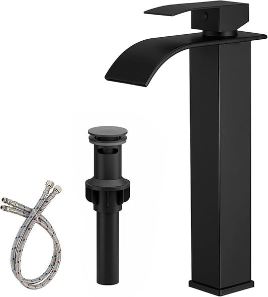 BWE Black Vessel Sink Faucet Single Handle Single Hole Stainless Steel Bathroom Faucet with Waterfall Spout Sink Faucet Lavatory Vanity Deck Mount Mixer Tap
