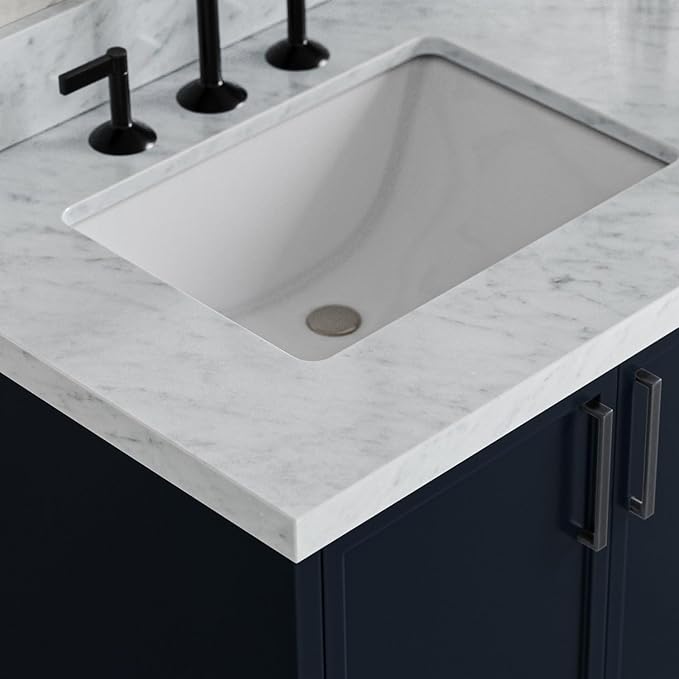 ARIEL Kelly 72-inch Bathroom Vanity with Sink,Solid Wood, 1.5-inch Italian Carrara Marble Countertop, Double Rectangular Porcelain Sink, 4 Soft Closing Doors, 5 Dovetail Drawers, Midnight Blue