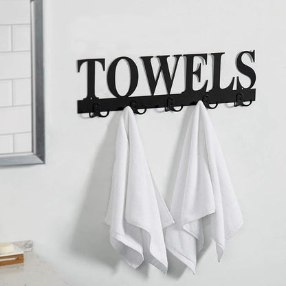 MyGift Towel Rack for Bathroom, Wall Mounted Bath Towel Holder with 5 Dual Hooks, Kitchen Laundry Hand Towel Hanger, Black Metal with Decorative Towel Cutout Design