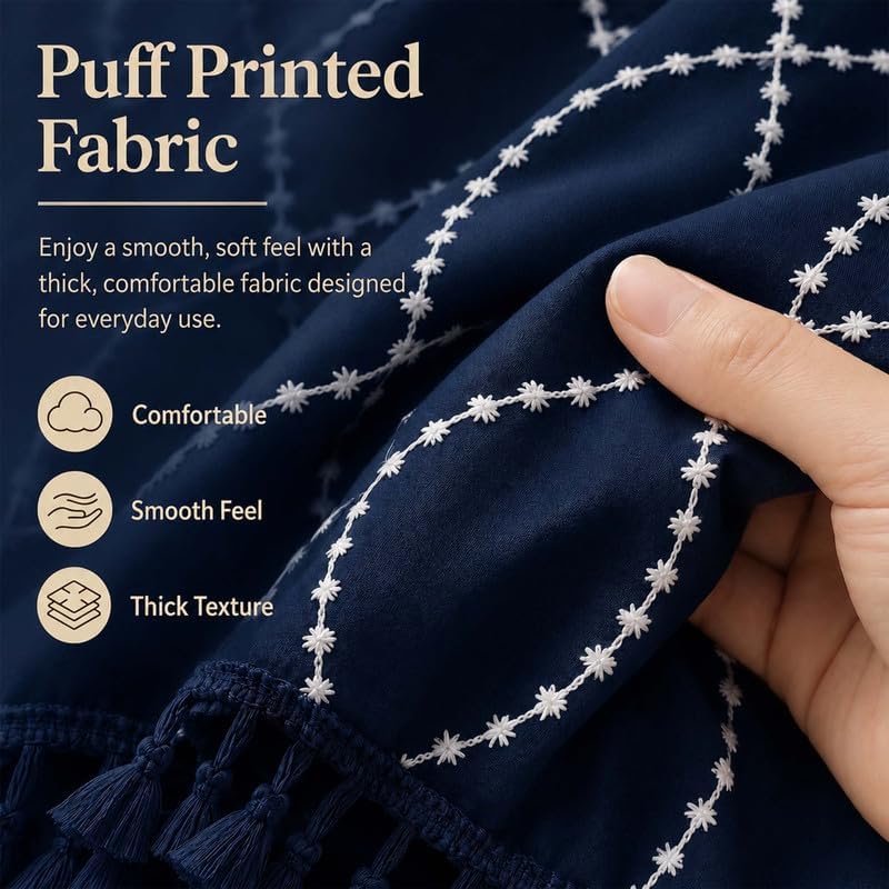 OVZME Navy Blue Stall Shower Curtain for Bathroom, Puff Printed Textured Shower Curtain with Tassels, Geometry Heavy Duty Vintage Country Narrow Bathroom Curtain, Water Resistant Fabric, 36Wx72L