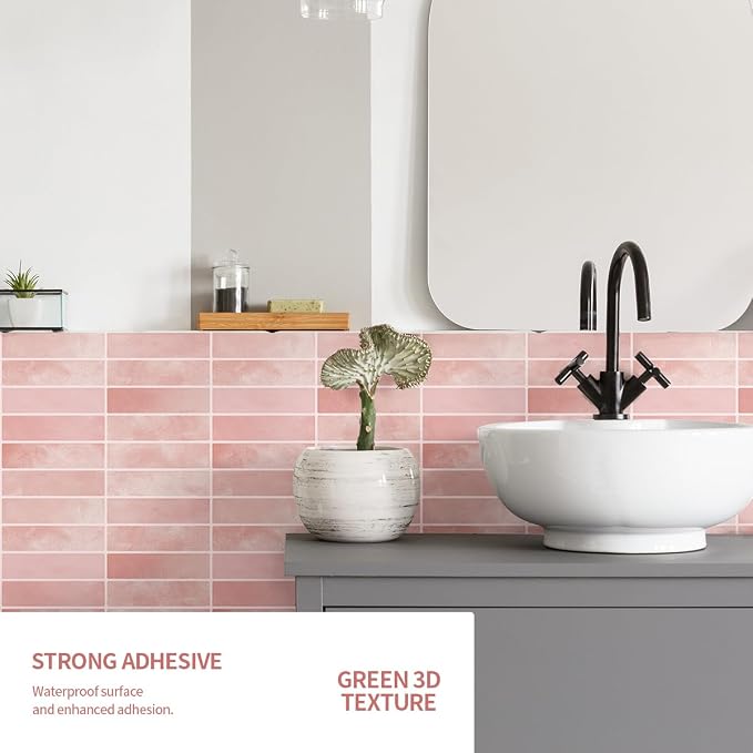 Peel and Stick Backsplash 3D Wall Tiles,Self-Adhesive,Oil Proof,Waterproof, Removable Wall Panels for Kitchen & Bathroom,Modern Design, Easy Install (10.7ft，12x9 inch,14 Pack) (Pink)