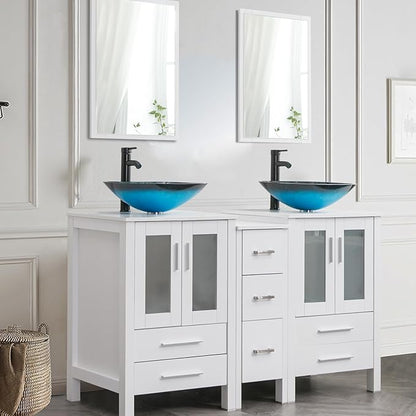 UEV 60" Double Sink Bathroom Vanity, White Vanity with Double Side Cabinets & Removable 3 Drawer Storage, Tempered Vessel Sink (A10)