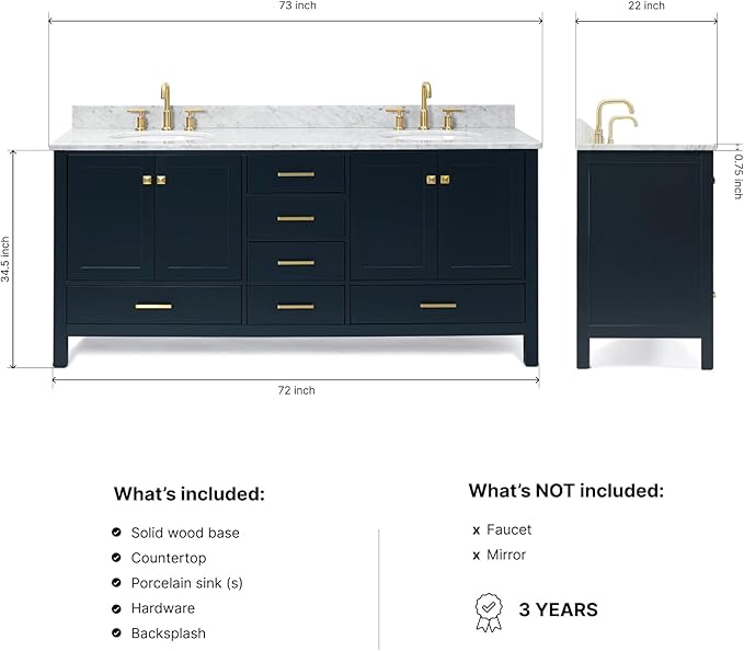 ARIEL Cambridge 72-inch Bathroom Vanity with Sink,Solid Wood, 0.75-inch Italian Carrara Marble Countertop, Double Oval Porcelain Sink, 4 Soft Closing Doors, 6 Dovetail Drawers, Midnight Blue