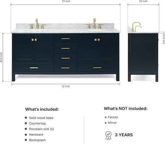 ARIEL Cambridge 72-inch Bathroom Vanity with Sink,Solid Wood, 0.75-inch Italian Carrara Marble Countertop, Double Oval Porcelain Sink, 4 Soft Closing Doors, 6 Dovetail Drawers, Midnight Blue