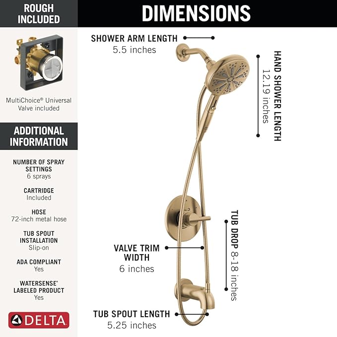 Delta Nicoli 14 Series Brushed Gold Bathtub Shower Faucet Set with Handheld Shower Head, Valve Trim Kit, Champagne Bronze 144749-CZ-HS (Valve Included)