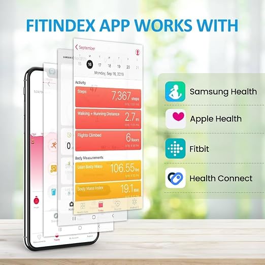 FITINDEX Scale with BMI, Body Fat, Muscle Mass, Smart Scale for Body Weight, Bluetooth, Digital, Sync with App, User Health Equipment | Body Composition Scale for Body Weight, High Accuracy for Weight Loss, Batteries Included, Multi-User Support, Home Use