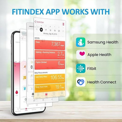 FITINDEX Scale with BMI, Body Fat, Muscle Mass, Smart Scale for Body Weight, Bluetooth, Digital, Sync with App, User Health Equipment | Body Composition Scale for Body Weight, High Accuracy for Weight Loss, Batteries Included, Multi-User Support, Home Use