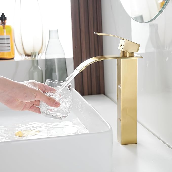 BWE Vessel Sink Faucet Modern Waterfall Brushed Gold Single Hole Bathroom Faucet Single Handle with Pop up Drain Without Overflow Assembly Vanity Basin Bath Sink Faucets Mixer Tap