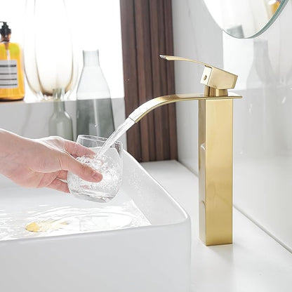 BWE Vessel Sink Faucet Modern Waterfall Brushed Gold Single Hole Bathroom Faucet Single Handle with Pop up Drain Without Overflow Assembly Vanity Basin Bath Sink Faucets Mixer Tap