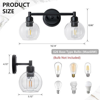 Bathroom Light Fixtures,2-Light Modern Bathroom Vanity Light,Black Wall Sconce with Clear Glass Globe Shades,Wall Lights Over Mirror for Kitchen,Bedroom,Hallway,Living Room