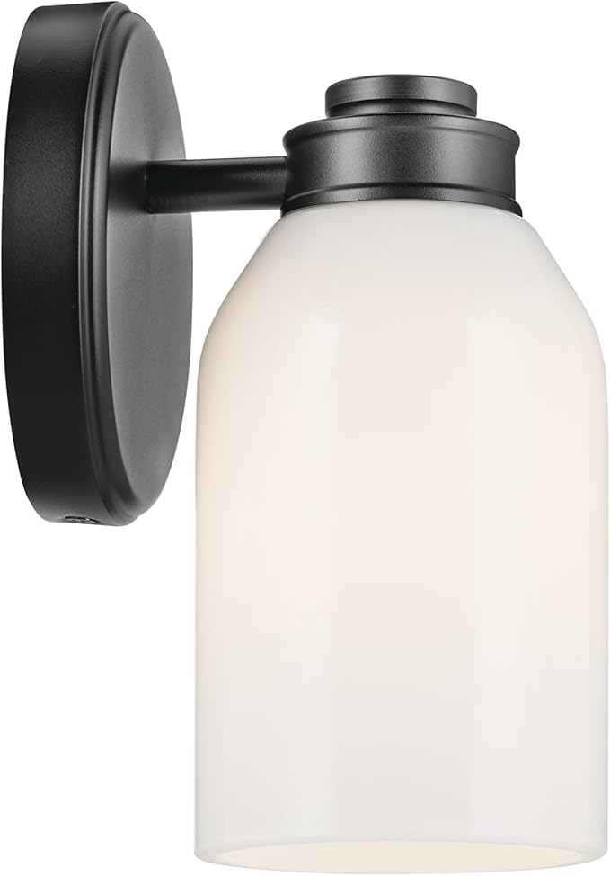 Kichler Shae 5" 1-Light Wall Sconce with White Opal Glass in Black, Modern, for Vanity, Fireplace, Buffet, Hallway, Vanity Mirror, (8.25" H x 5" W), 55200BK