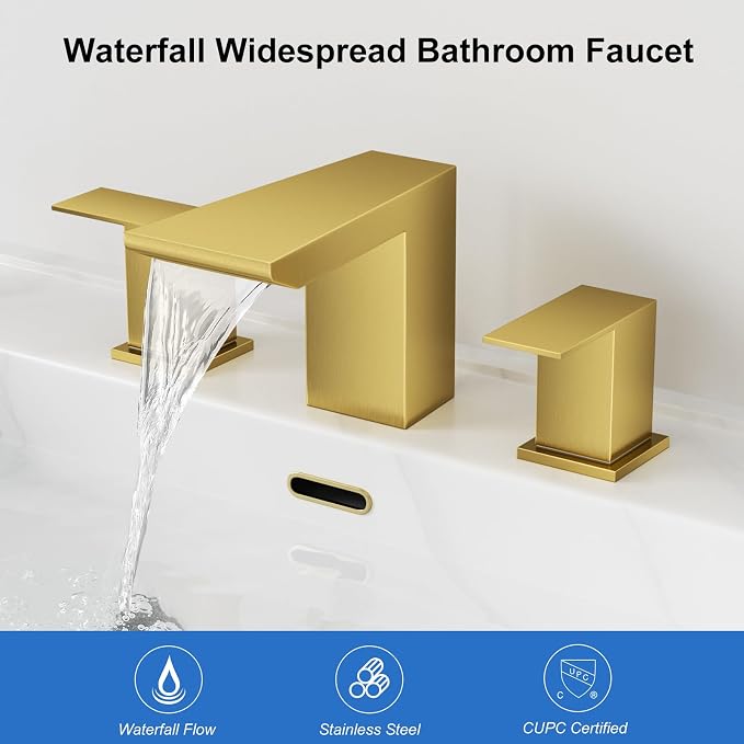 RUMOSE Bathroom Faucets 3 Hole Gold Bathroom Sink Faucet with Drain | 8 Inch Mixer Widespread Waterfall Vanity Two Handle Lavatory Bath Tap, Pop Up Drain, Stainless Steel