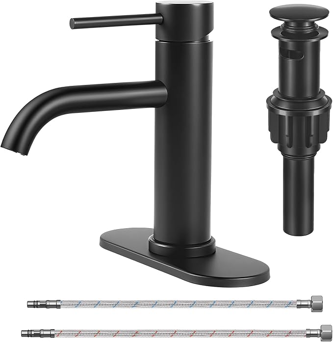 Bathroom Sink 1 Hole Single Handle Lever Faucets Stainless Steel | Pop Up Drain,Deck Plate,Flexible Hoses,1 or 3 Hole,Modern,for Vanity RV Bath Basin Wash Room Restroom Home,Matte Black
