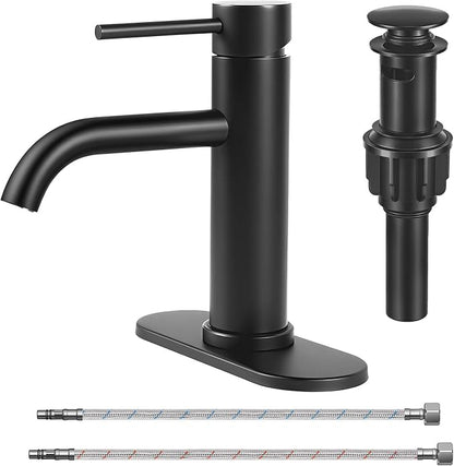 Bathroom Sink 1 Hole Single Handle Lever Faucets Stainless Steel | Pop Up Drain,Deck Plate,Flexible Hoses,1 or 3 Hole,Modern,for Vanity RV Bath Basin Wash Room Restroom Home,Matte Black