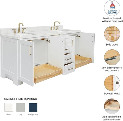 DKB Emilia 72 Inch Bathroom Vanity Double Sink — White Bathroom Vanity with Sink, 1.5" Edge Carrara White Quartz Countertop & Backsplash, 4 Soft-Close Doors, and 6 Dovetail Drawers