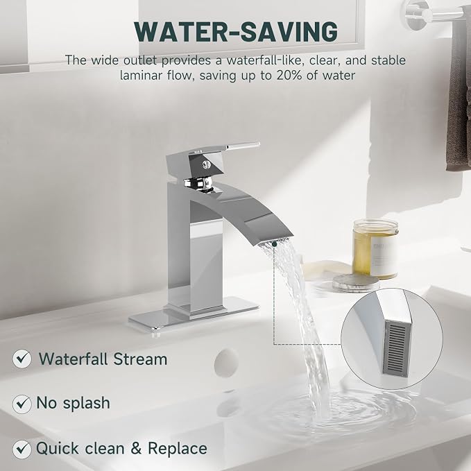 Chrome Waterfall Bathroom Faucet for 1 or 3 Holes, Brass | Single Handle Bathroom Sink Faucets for Lavatory Commercial Vanity, Basin Taps with Deck Plate, Pop Up Drain and Supply Line