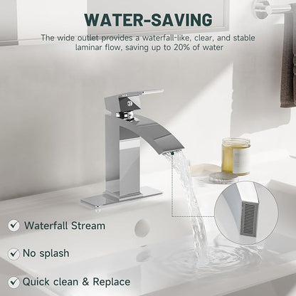 Chrome Waterfall Bathroom Faucet for 1 or 3 Holes, Brass | Single Handle Bathroom Sink Faucets for Lavatory Commercial Vanity, Basin Taps with Deck Plate, Pop Up Drain and Supply Line