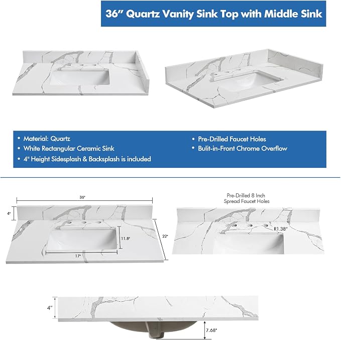 36 in.W x 22 in.D Quartz Calacatta River Vanity Top,with Undermount Middle Sink Vanity Top,with Two Sidesplash & One Backsplash,8 Inch Faucet Hole Spread Bathroom Vanity Sink Countertop