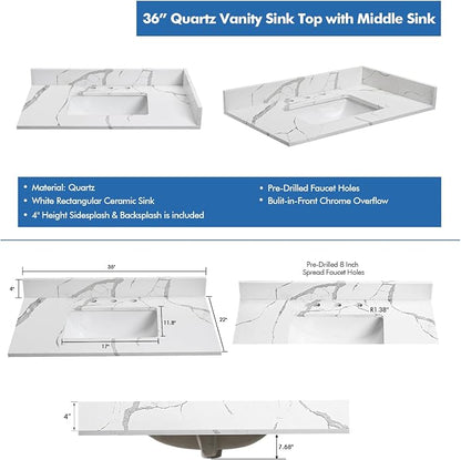 36 in.W x 22 in.D Quartz Calacatta River Vanity Top,with Undermount Middle Sink Vanity Top,with Two Sidesplash & One Backsplash,8 Inch Faucet Hole Spread Bathroom Vanity Sink Countertop