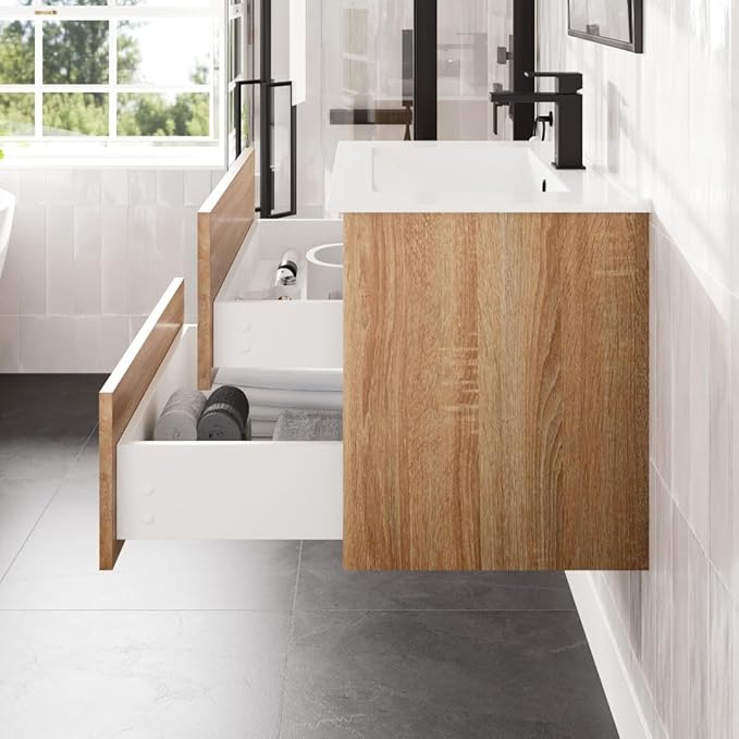 Eviva Joy 28 in. Maple Wall MountSingle Sink Bath Vanity with Porcelain Top and Integrated Sink