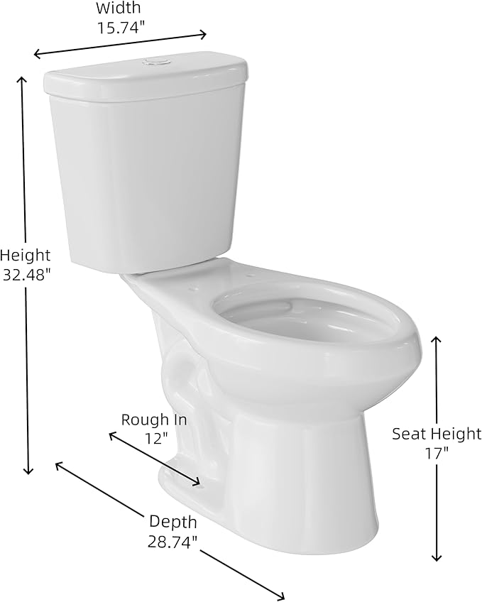 Two Piece Toilet with 17" ADA Height, Elongated Ceramic Bowl without Lid - Side Push Handle, CUPC Certified, Water Efficient 1.28 GPF