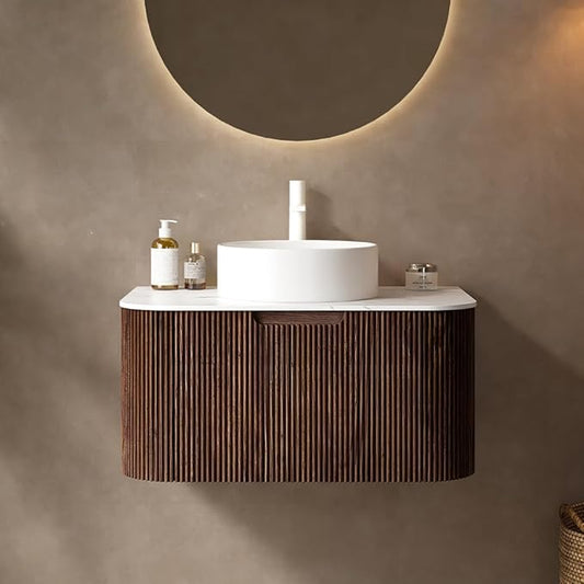 30'' Bathroom Vanities Cabinet with Sink Combo, Wall Mounted Floating Cabinet W/Curved Edges Stripes, Oak Plywood, Soft-close System with a Drawer, White Round Ceramic Basin - Kiel, Dark Walnut