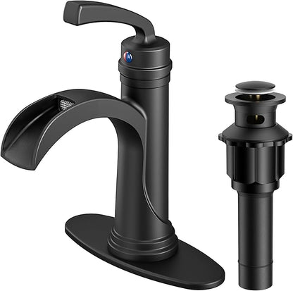 Forious Black Bathroom Sink Faucet Single Handle One Hole Antique Waterfall Bathroom Faucet with Metal Pop Up Drain and Deck Plate for Lavatory Vanity Farmhouse RV
