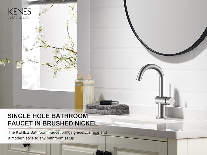 Brushed Nickel Bathroom Faucet Single Handle, 1 Hole Vanity Faucet | Bathroom Sink Faucet with Pop Up Drain & 6 Inch Deck Plate, Lead-Free cUPC & NSF Certified, 1 Handle Faucet for Vanity RV Bar
