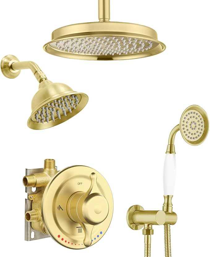 Antique Brass Shower System, 9" & 6" Dual Rain Heads and Handheld Spray Vintage Fixtures, 3-Function Dual Knob Valve with Separate Temperature Control, Brused Gold