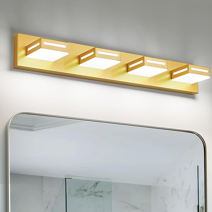 LED Modern Bathroom Light Fixtures, 4-Light 30-Inch Gold Vanity Lights for Bathroom Lighting Fixtures Over Mirror, 350° Rotatable Acrylic, 6000K Cool White Wall Lamp