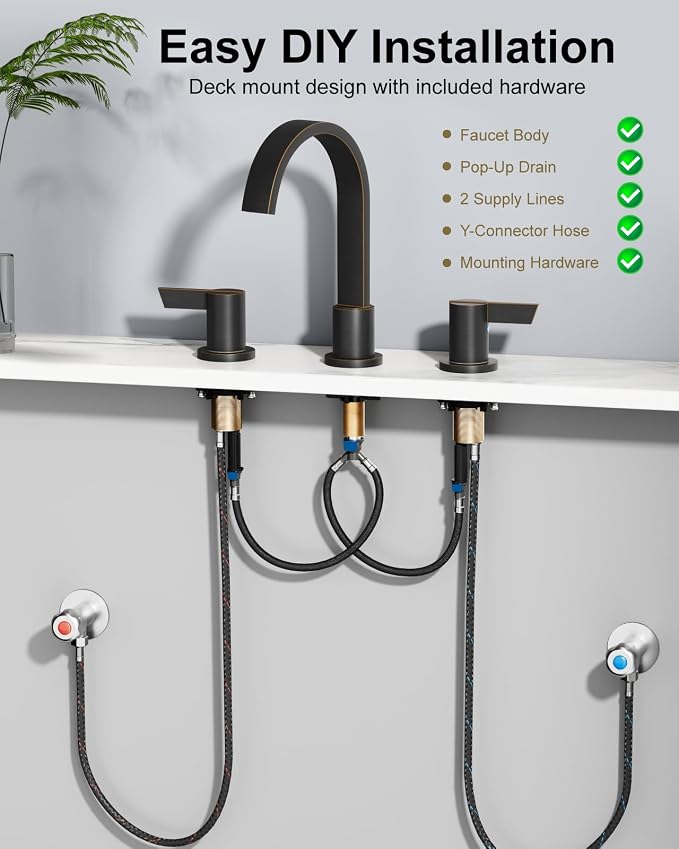 Bronze 3 Hole Bathroom Faucet,8" Widespread Vanity Faucet | 2 Handle Waterfall Bathroom Sink Faucet with Pop-Up Drain,Supply Lines,360° Swivel Spout,Lead-Free Stainless Steel,Deck Mount