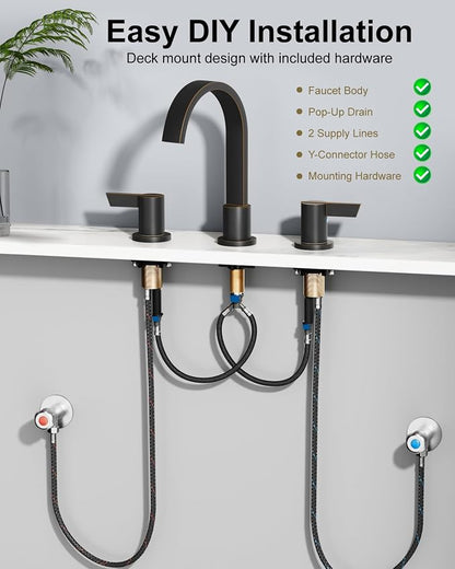 Bronze 3 Hole Bathroom Faucet,8" Widespread Vanity Faucet | 2 Handle Waterfall Bathroom Sink Faucet with Pop-Up Drain,Supply Lines,360° Swivel Spout,Lead-Free Stainless Steel,Deck Mount