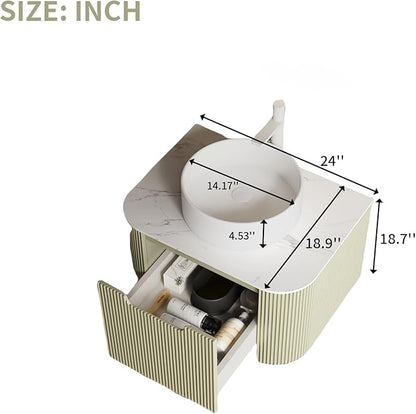 LKTART 24 Inch Green Floating Bathroom Vanity with Sink, Modern Wall Mounted Bathroom Storage Cabinet with Drawer, Round White Ceramic Sink Top and Marble Texture Top
