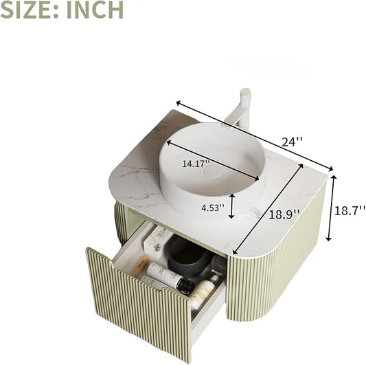 LKTART 24 Inch Green Floating Bathroom Vanity with Sink, Modern Wall Mounted Bathroom Storage Cabinet with Drawer, Round White Ceramic Sink Top and Marble Texture Top