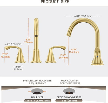 Phiestina Brushed Gold Farmhouse Rotatable Bathroom Faucet - 8 Inch Widespread 3-Hole with Pull-Out Sprayer, Lead-Free Stainless Steel, Metal Pop-Up Drain, Water Supply Lines, 2 Handles,WFJC180CL-BG