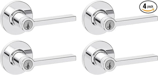 Kwikset Casey Entry Door Handle with Lock and Key, Secure Keyed Reversible Lever Exterior, for Front Entrance and Bedrooms, Polished Chrome, 4 Pack, Pick Resistant SmartKey Rekey Security
