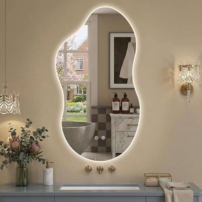 Irregular Backlit Mirror with Lights 20"x36" Asymmetrical Cloud Mirror Led Bathroom Vanity Mirror for Wall Abstract (Horizontal/Vertical)