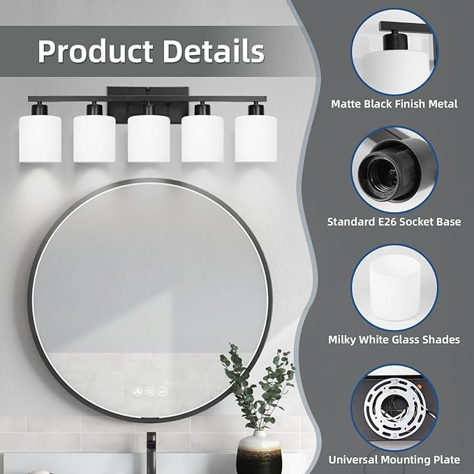 SILAMPDI Black Bathroom Light Fixtures Over Mirror, 5-Light Vanity Lights for Bathroom, Modern Wall Sconces Lighting for Bedroom Living Room, Milky White Glass Shades, E26 Base, Bulbs Not Included