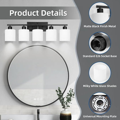 SILAMPDI Black Bathroom Light Fixtures Over Mirror, 5-Light Vanity Lights for Bathroom, Modern Wall Sconces Lighting for Bedroom Living Room, Milky White Glass Shades, E26 Base, Bulbs Not Included