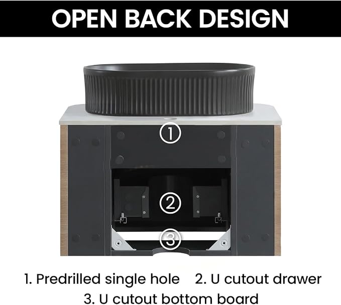 24" Preassembled Floating Bathroom Vanity with Black Sink, Oak | Mid-Century Modern Style, Fluted & Soft-Close Drawer with U-shaped Wall, Sinterted Stone Countertop, Towel Rack Included