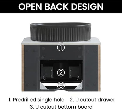 24" Preassembled Floating Bathroom Vanity with Black Sink, Oak | Mid-Century Modern Style, Fluted & Soft-Close Drawer with U-shaped Wall, Sinterted Stone Countertop, Towel Rack Included