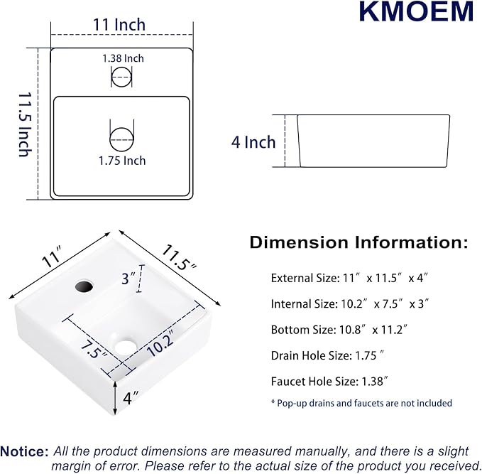 Small Wall Mount Bathroom Vessel Sink 11"x12" Bathroom Sink White | Wall Mounted Rectangular Wall Hung Mini Porcelain Ceramic Floating Tiny Sink RV Sinks